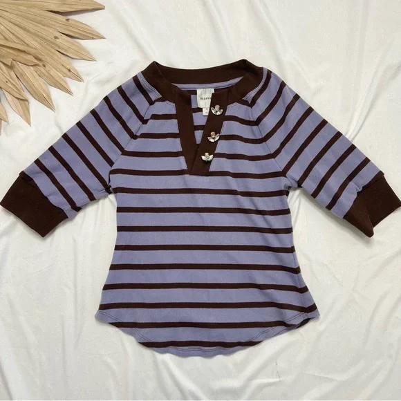 Anthropologie Maeve Half Sleeve Henley Ribbed Striped Jeweled Button Shirt Top - Picture 4 of 8